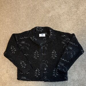 Black Button-Up True Grit Fleece Jacket with Moose and Tree Pattern